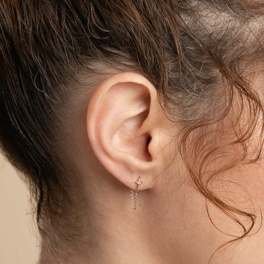 Kosmiczne kolczyki z łańcuszkiem w kształcie gwiazdy w kolorze różowego złota